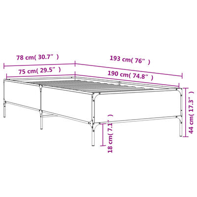 vidaXL Bedframe bewerkt hout en metaal bruin eikenkleurig 75x190 cm