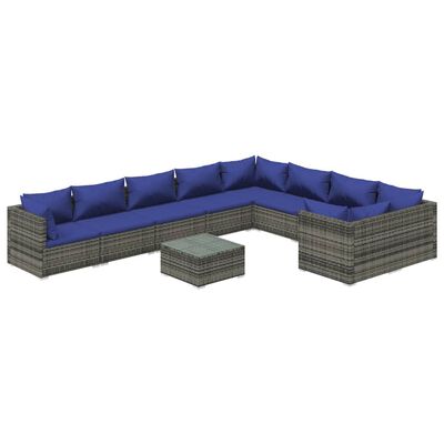 vidaXL 10-delige Loungeset met kussens poly rattan grijs