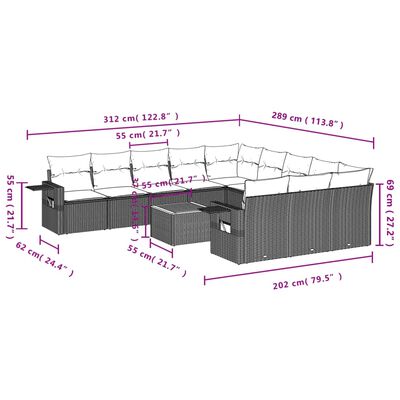 vidaXL 12-delige Loungeset met kussens poly rattan grijs