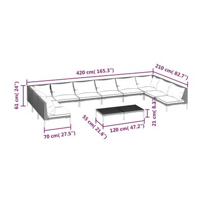 vidaXL 11-delige Loungeset met kussens poly rattan donkergrijs