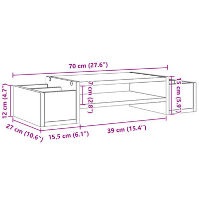 vidaXL Monitorstandaard met opbergruimte 70x27x15 cm hout oud hout