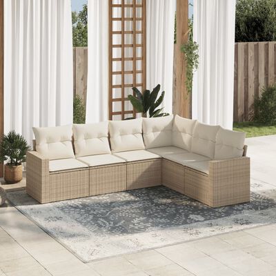 vidaXL 6-delige Loungeset met kussens poly rattan beige