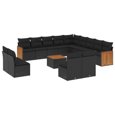 vidaXL 14-delige Loungeset met kussens poly rattan zwart