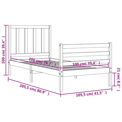 vidaXL Bedframe met hoofdbord massief hout zwart 100x200 cm