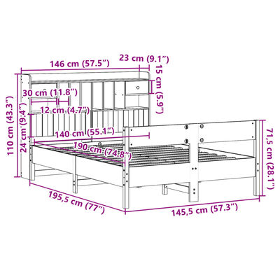 vidaXL Bed met boekenkast zonder matras grenenhout wasbruin 140x190 cm