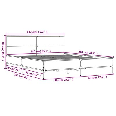 vidaXL Bedframe bewerkt hout metaal gerookt eikenkleurig 140x200 cm