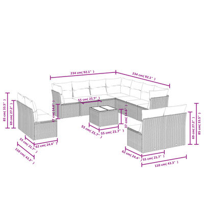 vidaXL 12-delige Loungeset met kussens poly rattan lichtgrijs