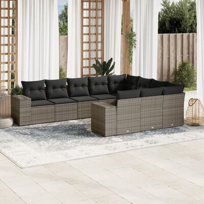 vidaXL 10-delige Loungeset met kussens poly rattan grijs