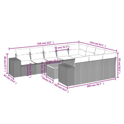 vidaXL 11-delige Tuinset met kussens poly rattan beige