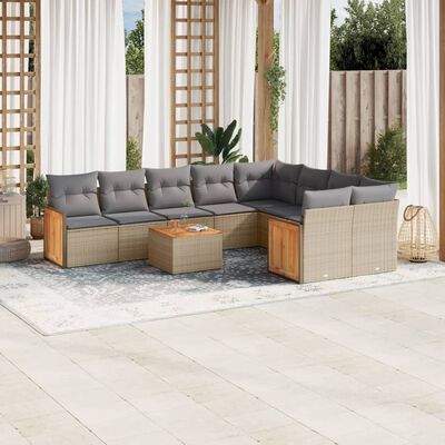 vidaXL 10-delige Loungeset met kussens poly rattan beige