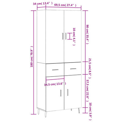 vidaXL Hoge kast 69,5x34x180 cm bewerkt hout gerookt eikenkleurig