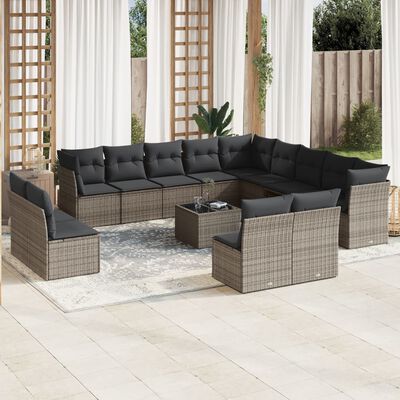 vidaXL 14-delige Loungeset met kussens poly rattan grijs