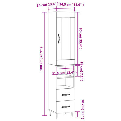 vidaXL Hoge kast 34,5x34x180 cm bewerkt hout wit