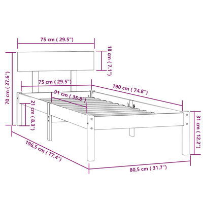 vidaXL Bedframe massief hout zwart 75x190 cm