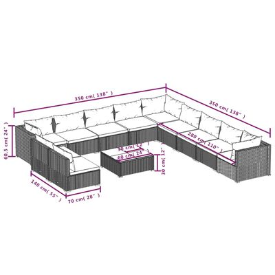 vidaXL 12-delige Loungeset met kussens poly rattan grijs