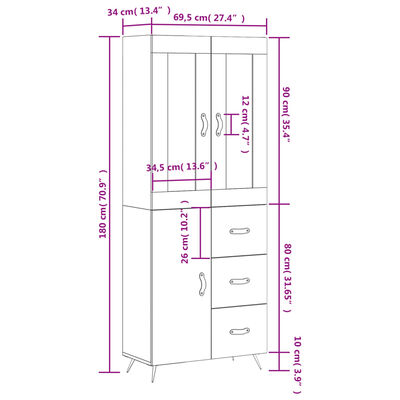 vidaXL Hoge kast 69,5x34x180 cm bewerkt hout grijs sonoma eikenkleurig