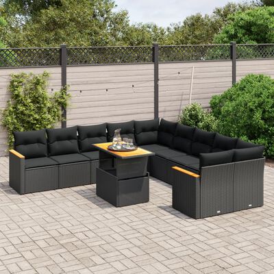 vidaXL 11-delige Loungeset met kussens poly rattan zwart