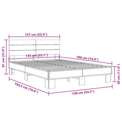 vidaXL Bedframe bewerkt hout metaal bruin eikenkleur 135x190 cm