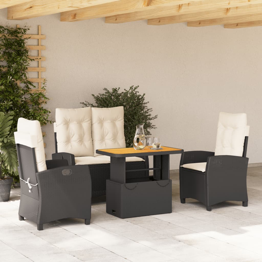 vidaXL 4-delige Tuinset met kussens poly rattan zwart