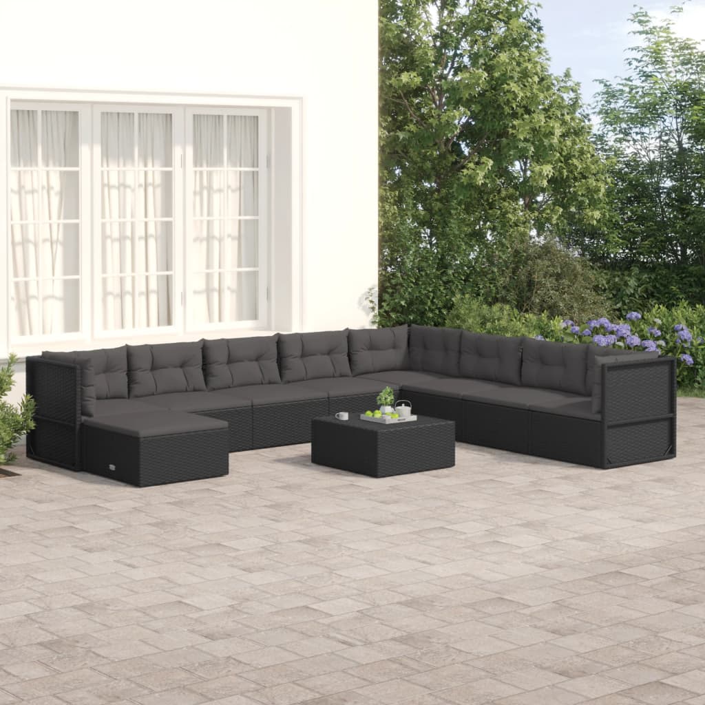 vidaXL 9-delige Loungeset met kussens poly rattan zwart