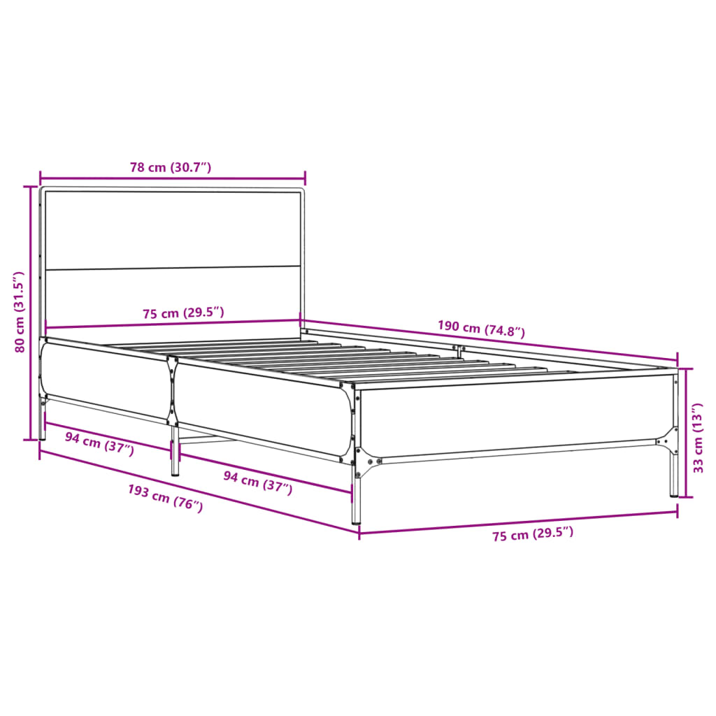 vidaXL Bedframe bewerkt hout en metaal grijs sonoma eiken 75x190 cm