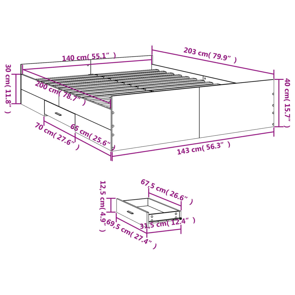 vidaXL Bedframe met lades bewerkt hout gerookt eikenkleurig 140x200 cm