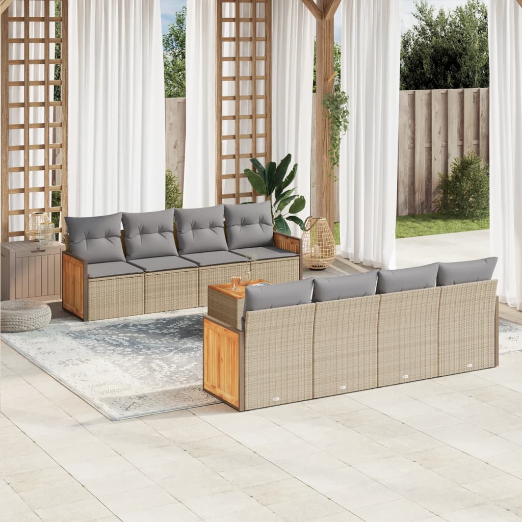 vidaXL 9-delige Loungeset met kussens poly rattan beige