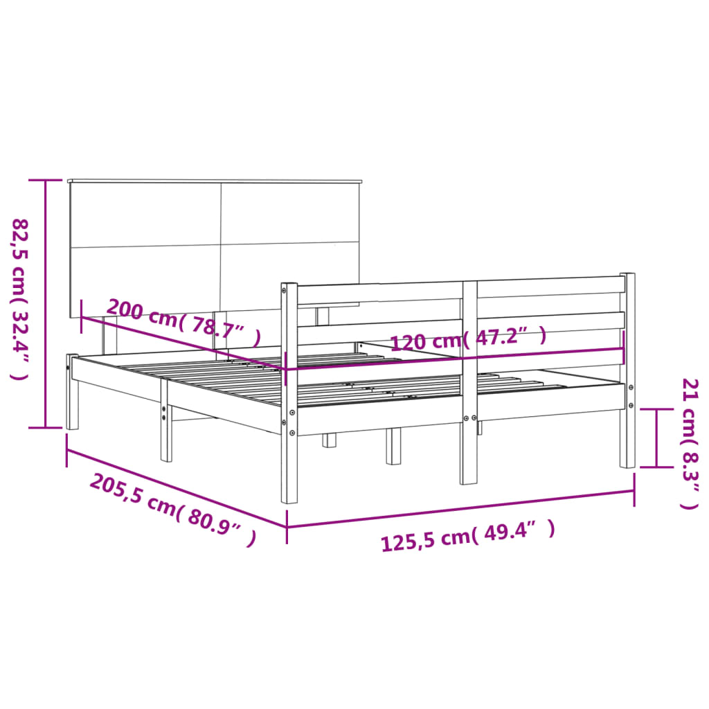 vidaXL Bedframe met hoofdbord massief hout zwart 120x200 cm