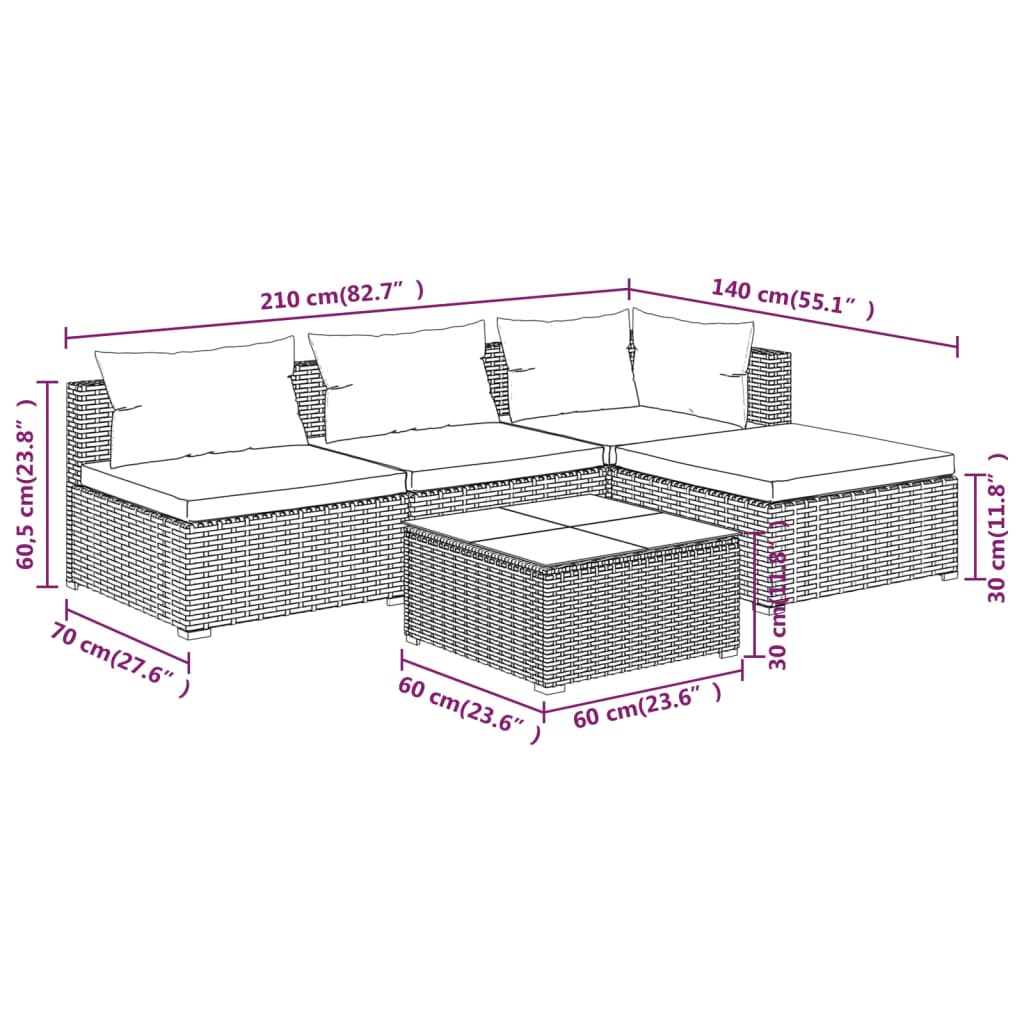 vidaXL 5-delige Loungeset met kussens poly rattan zwart