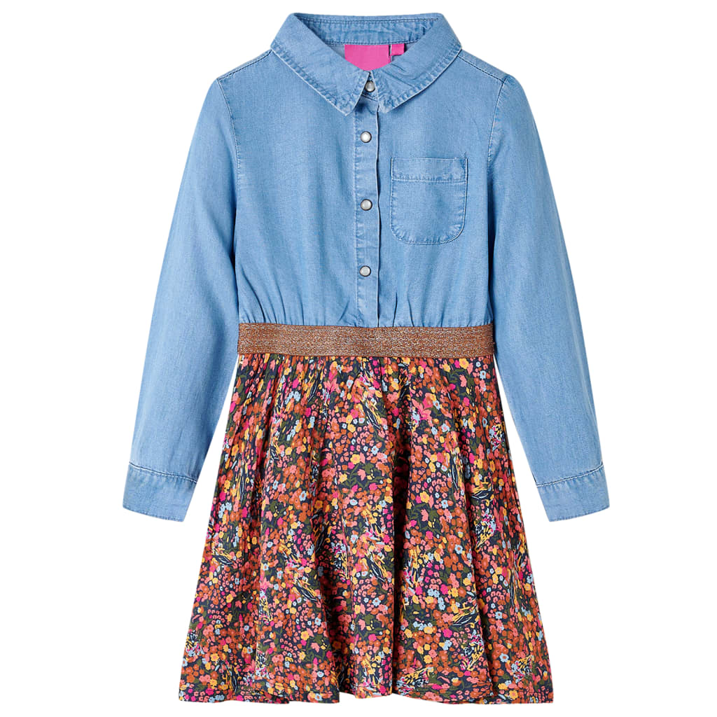 Kinderjurk met lange mouwen 128 marineblauw en denimblauw