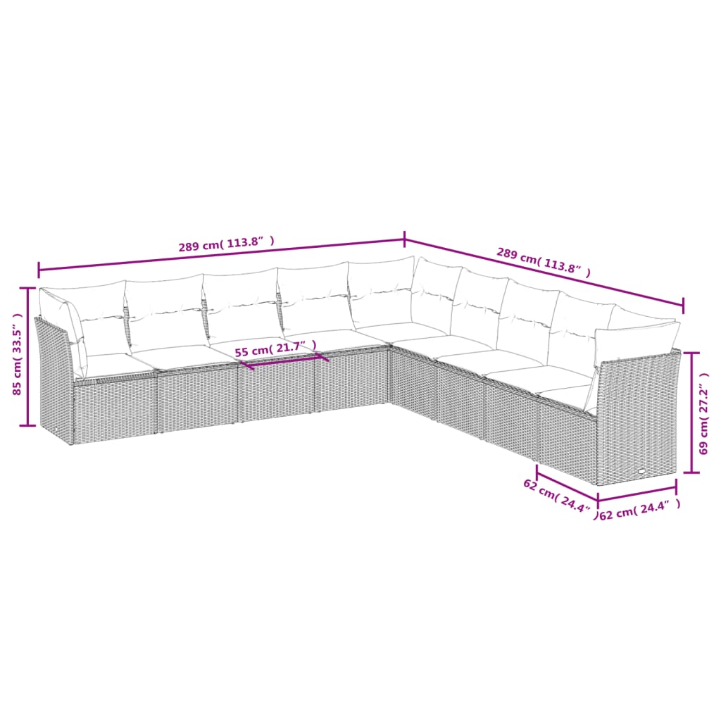 vidaXL 9-delige Loungeset met kussens poly rattan bruin