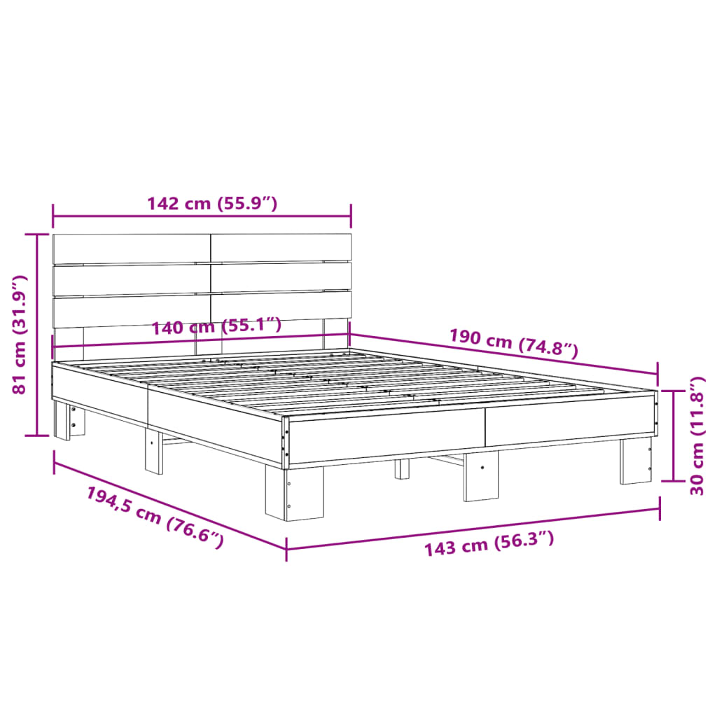 vidaXL Bedframe bewerkt hout metaal sonoma eikenkleurig 90x190 cm