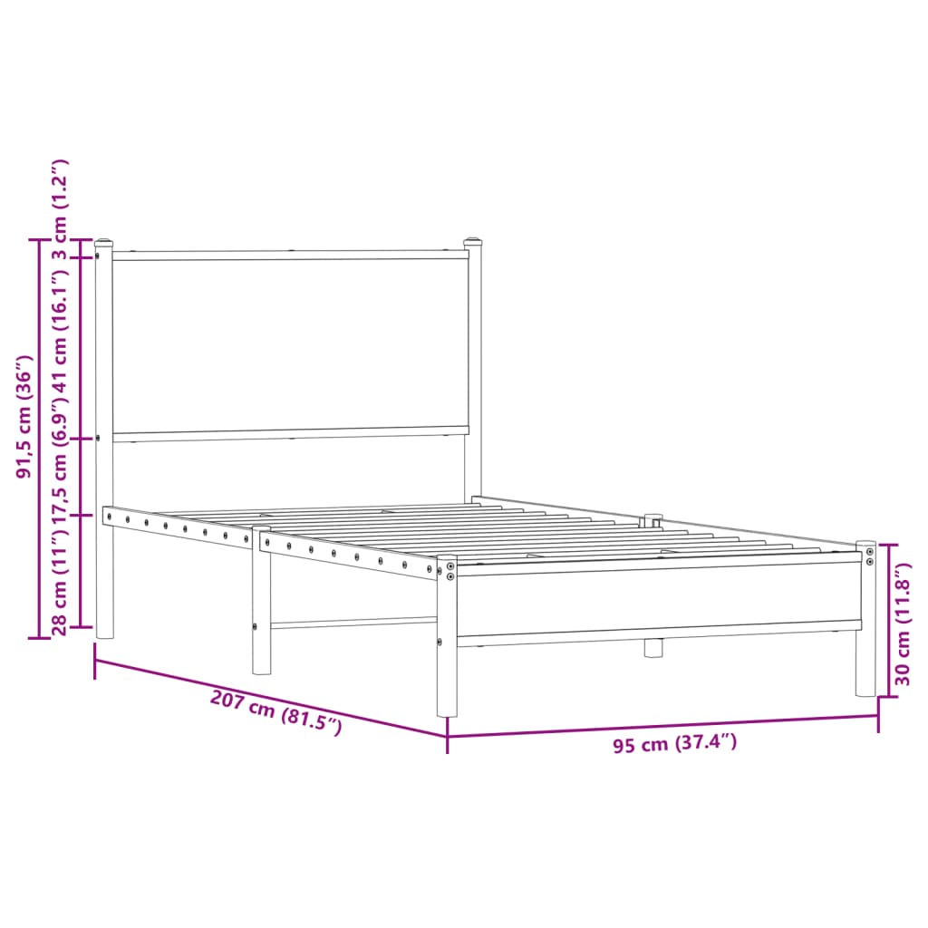 vidaXL Bedframe met hoofdbord metaal bruin eikenkleurig 90x200 cm