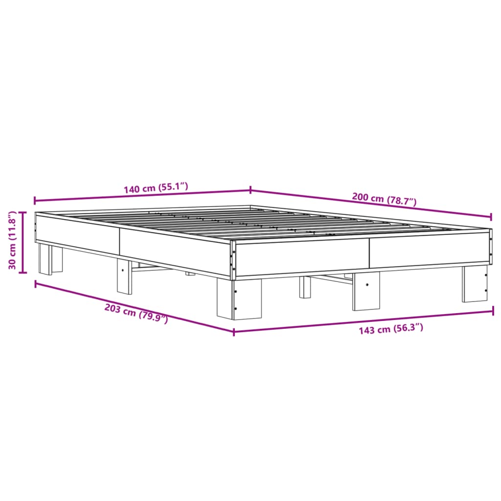 vidaXL Bedframe bewerkt hout metaal gerookt eikenkleurig 140x200 cm