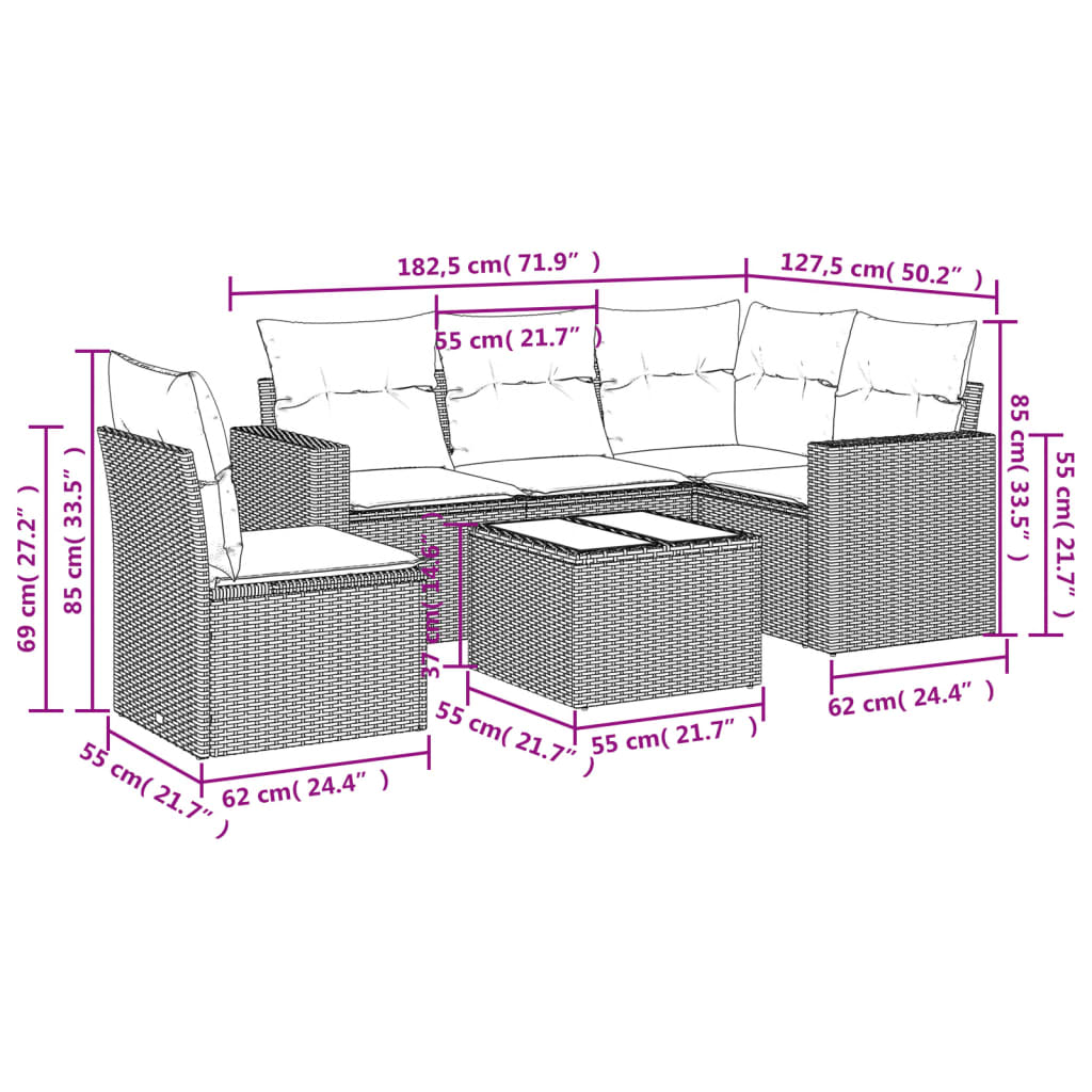 vidaXL 6-delige Loungeset met kussens poly rattan lichtgrijs