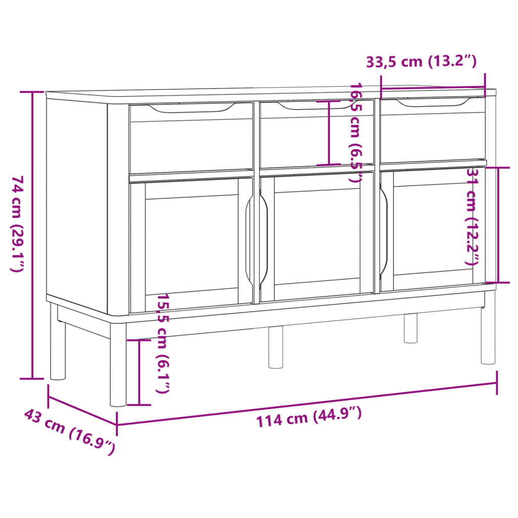 vidaXL Dressoir FLORO 114x43x74 cm massief grenenhout wit