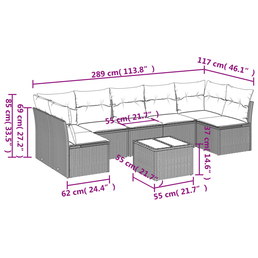 vidaXL 8-delige Loungeset met kussens poly rattan lichtgrijs