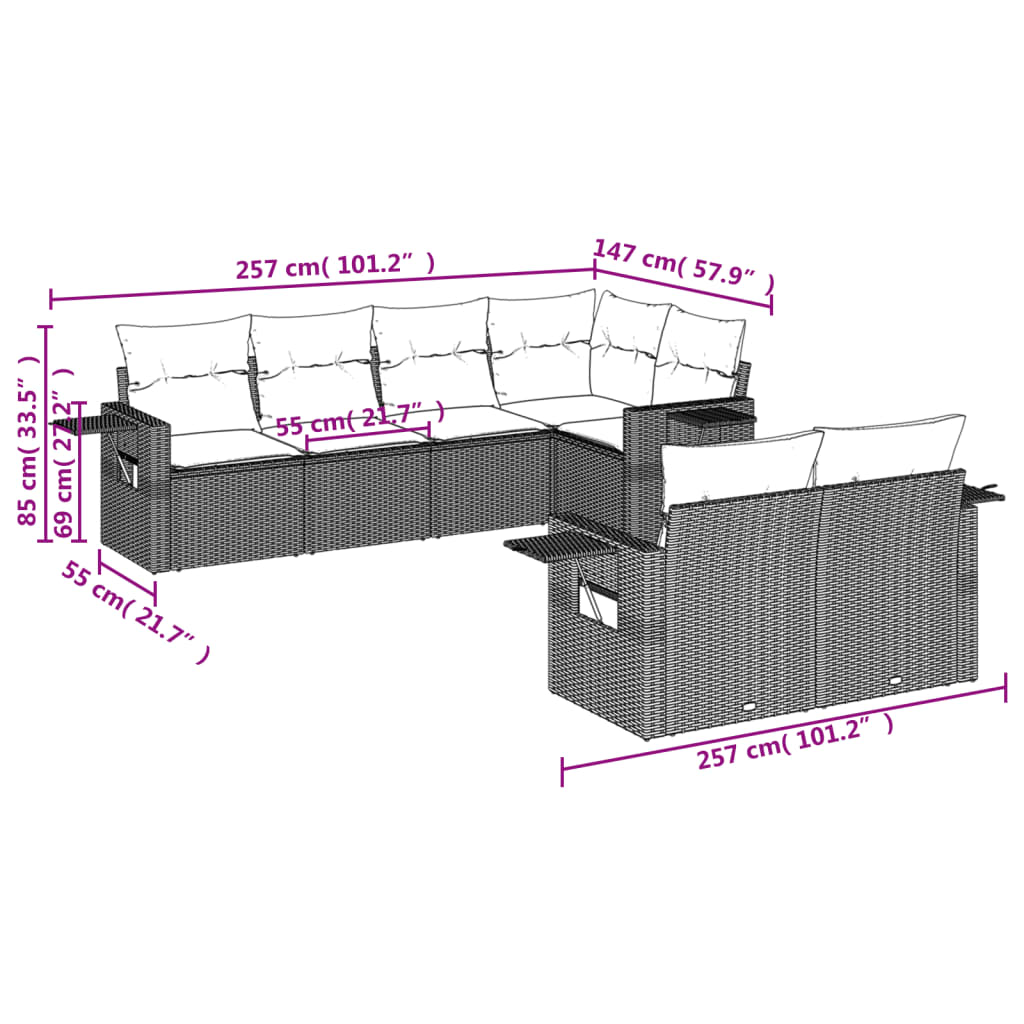 vidaXL 7-delige Loungeset met kussens poly rattan lichtgrijs