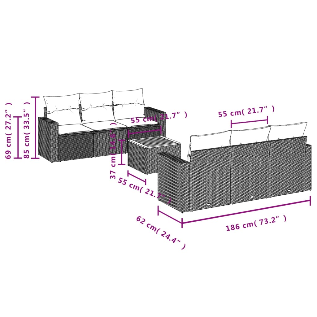 vidaXL 7-delige Loungeset met kussens poly rattan zwart