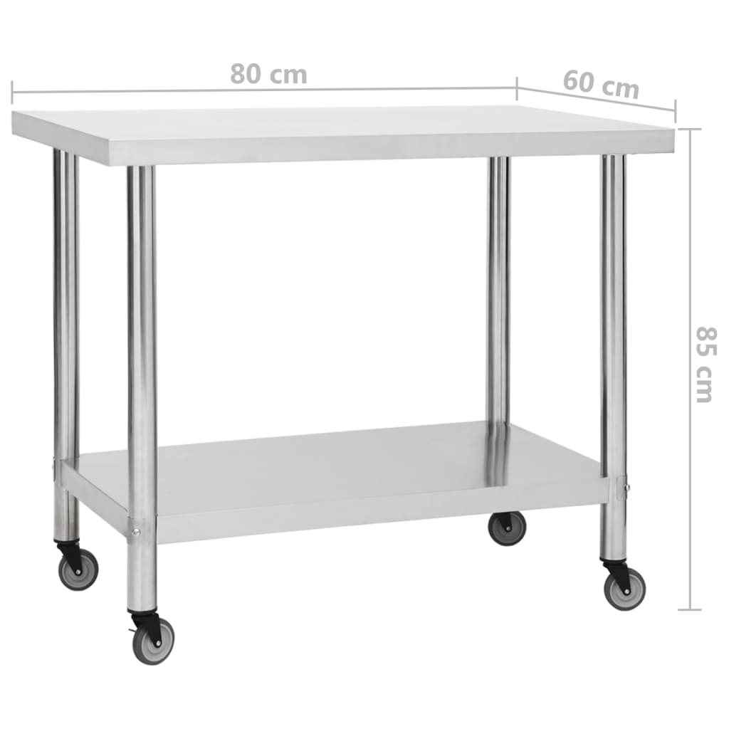 vidaXL Keukenwerktafel met wielen 80x60x85 cm roestvrij staal