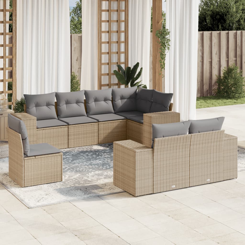 vidaXL 8-delige Loungeset met kussens poly rattan beige