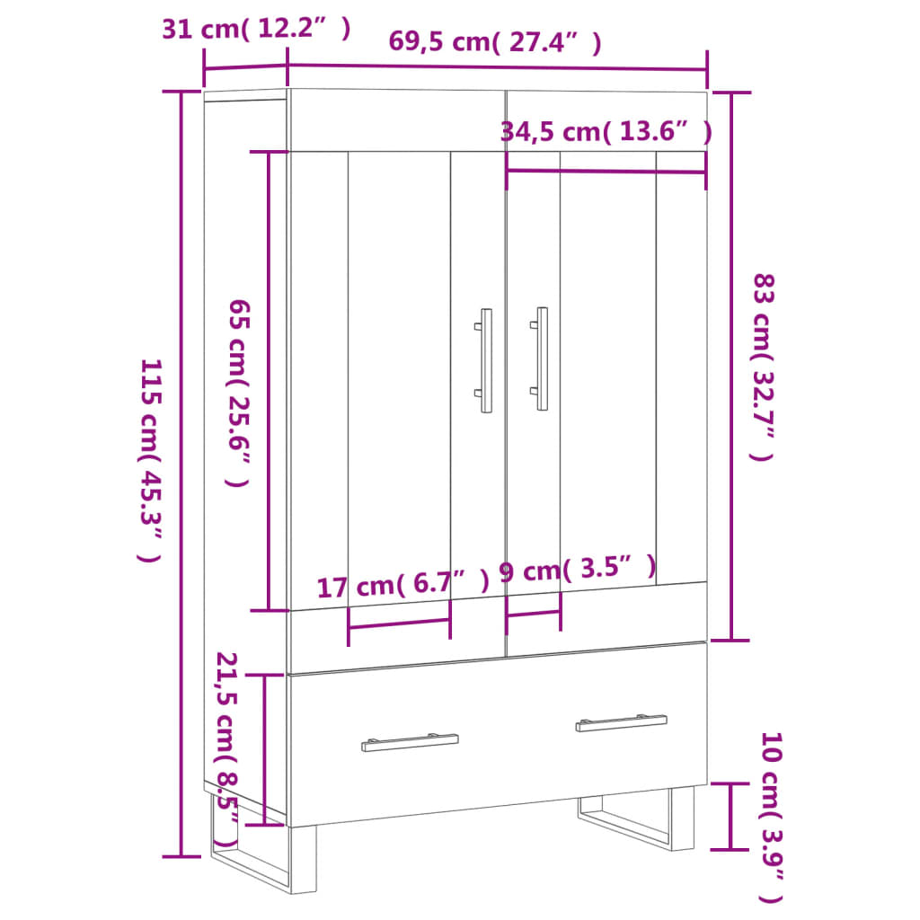 vidaXL Hoge kast 69,5x31x115 cm bewerkt hout betongrijs