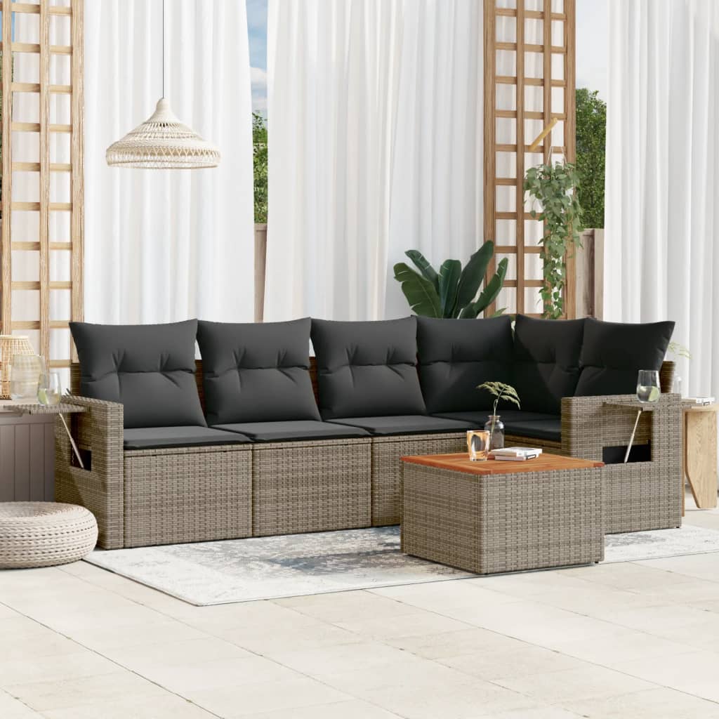 vidaXL 6-delige Loungeset met kussens poly rattan grijs