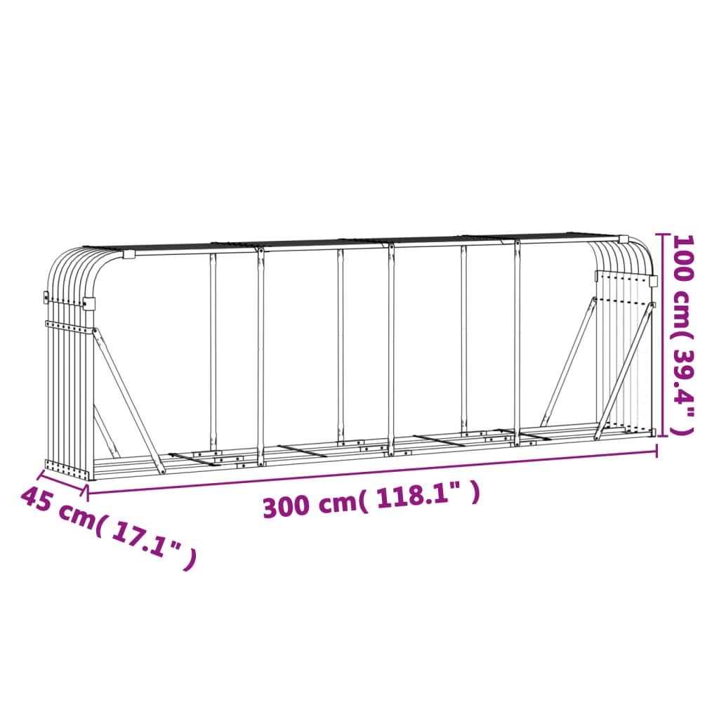 vidaXL Haardhoutopslag 300x45x100 cm gegalvaniseerd staal bruin