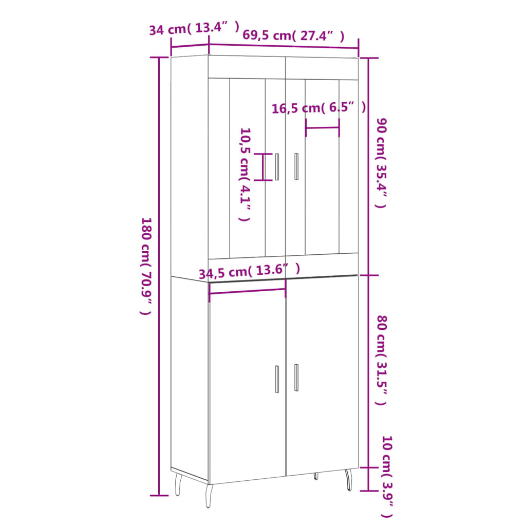 vidaXL Hoge kast 69,5x34x180 cm bewerkt hout zwart