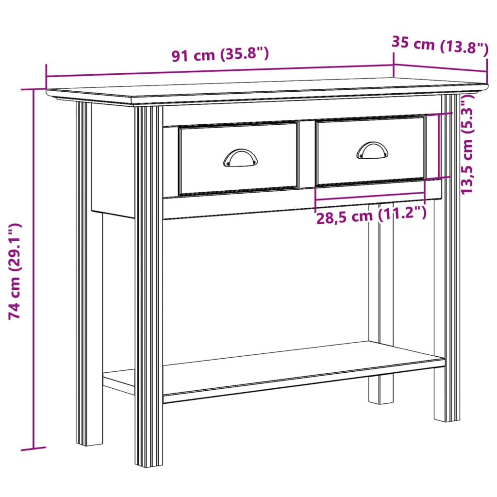 vidaXL Wandtafel BODO 91x35x74 cm massief grenenhout bruin