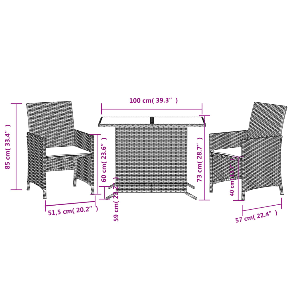 vidaXL 3-delige Bistroset met kussens poly rattan beige