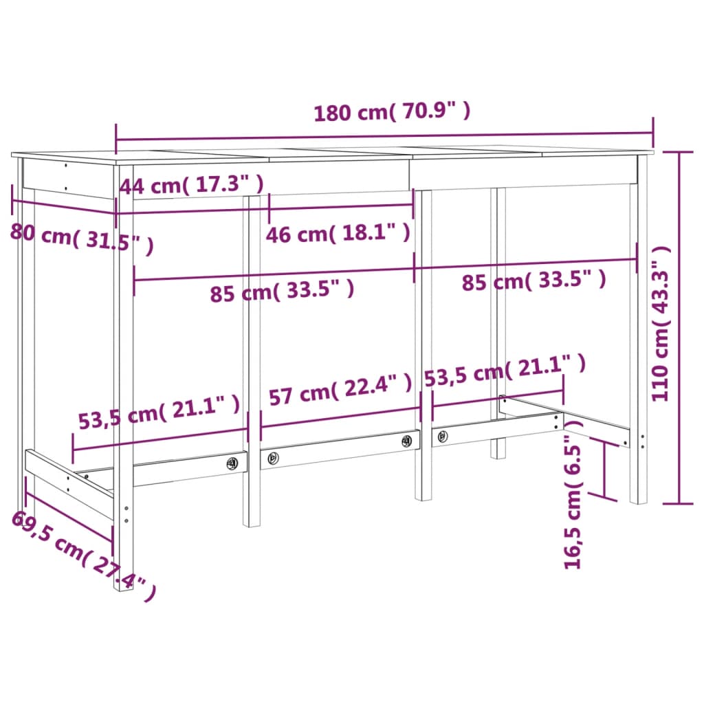 vidaXL Bartafel 180x80x110 cm massief grenenhout