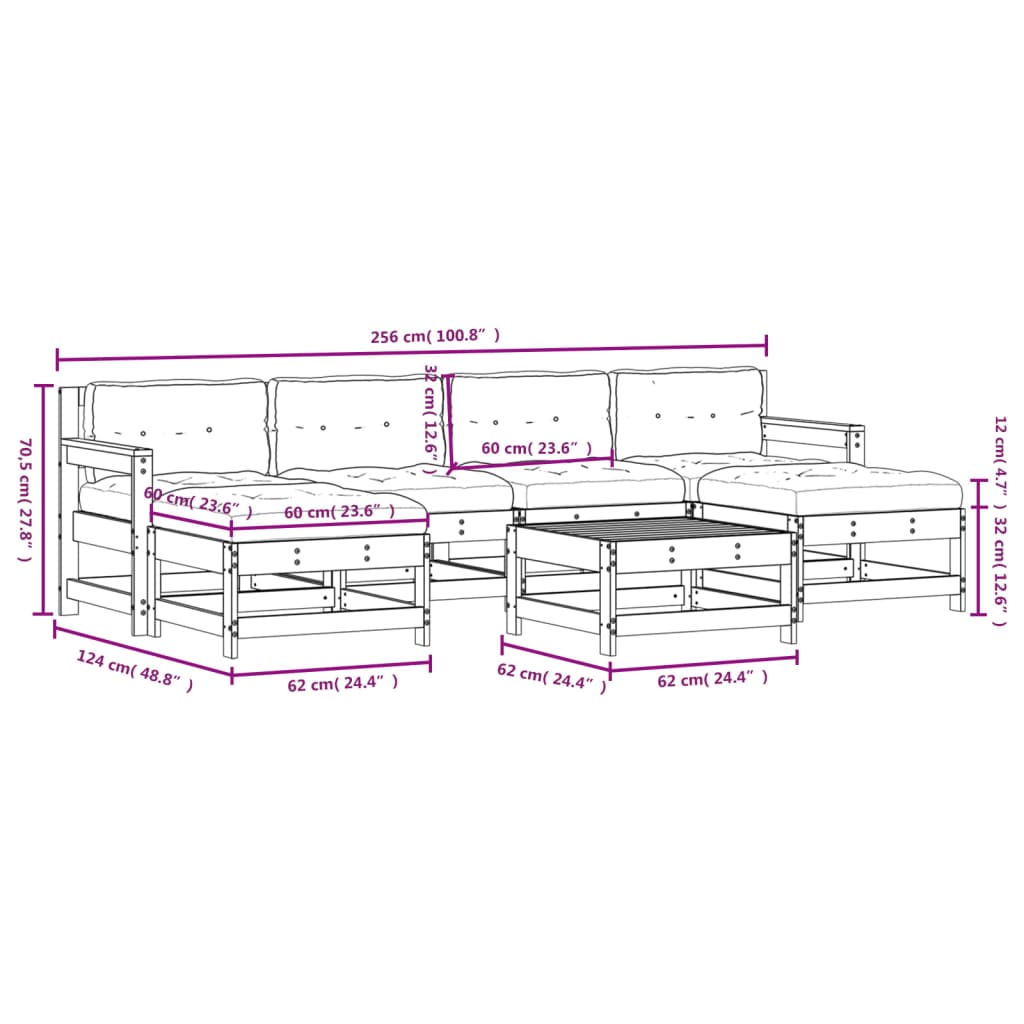 vidaXL 7-delige Loungeset met kussens massief hout wit