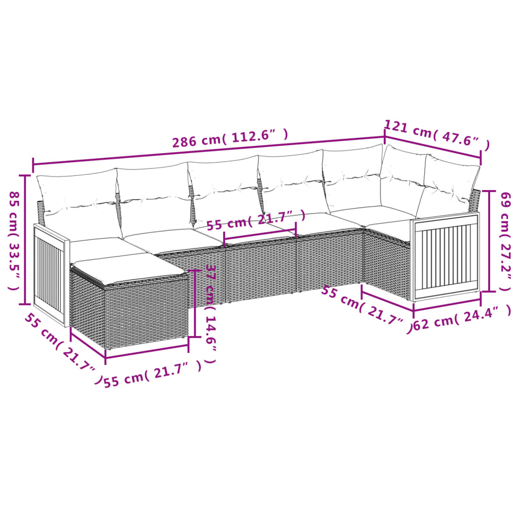 vidaXL 7-delige Loungeset met kussens poly rattan zwart